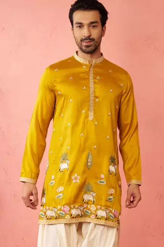 Men's mustard mid-length kurta - silk blend thread embroidered festive wear