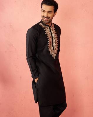 Men's black fine satin hand embroidered kurta - premium pitta work festive wear 2