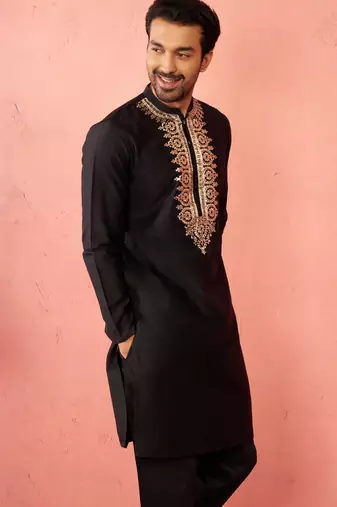 Men's black fine satin hand embroidered kurta - premium pitta work festive wear