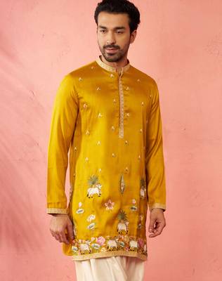 Men's mustard mid-length kurta - silk blend thread embroidered festive wear 5