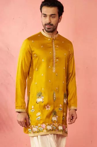 Men's mustard mid-length kurta - silk blend thread embroidered festive wear