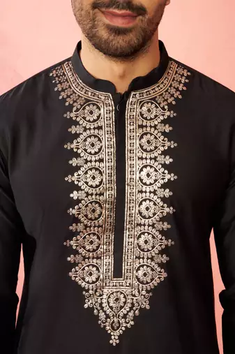 Men's black fine satin hand embroidered kurta - premium pitta work festive wear