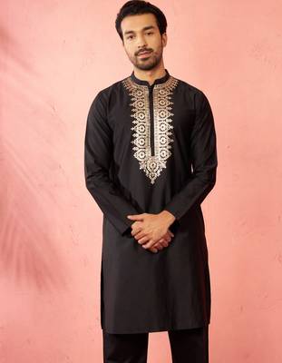 Men's black fine satin hand embroidered kurta - premium pitta work festive wear 4
