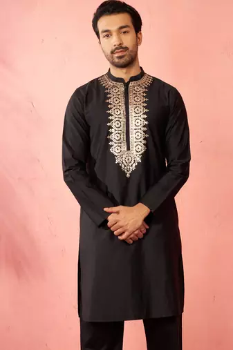 Men's black fine satin hand embroidered kurta - premium pitta work festive wear