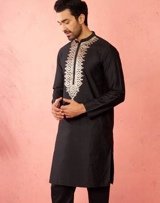 Men's black fine satin hand embroidered kurta - premium pitta work festive wear 5