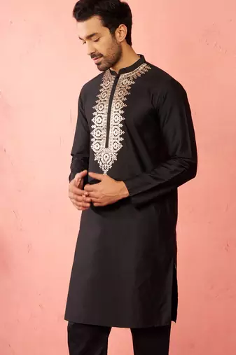 Men's black fine satin hand embroidered kurta - premium pitta work festive wear