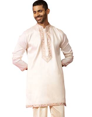 Men off white silk embroidered mid kurta - premium kashmiri stitch wedding wear 1
