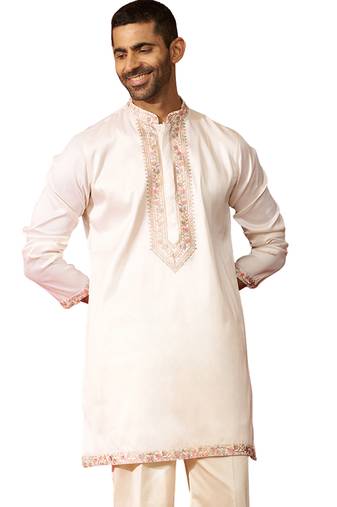 Men off white silk embroidered mid kurta - premium kashmiri stitch wedding wear