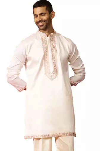Men off white silk embroidered mid kurta - premium kashmiri stitch wedding wear