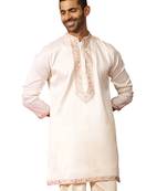 Men off white silk embroidered mid kurta - premium kashmiri stitch wedding wear
