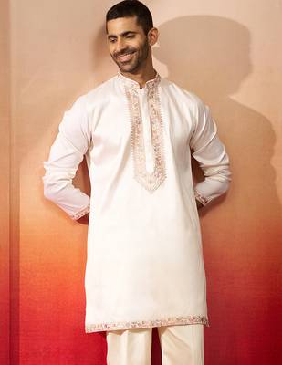Men off white silk embroidered mid kurta - premium kashmiri stitch wedding wear 2
