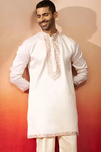 Men off white silk embroidered mid kurta - premium kashmiri stitch wedding wear