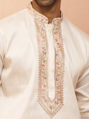 Men off white silk embroidered mid kurta - premium kashmiri stitch wedding wear 3