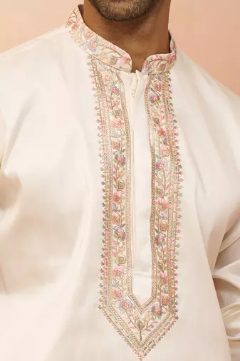 Men off white silk embroidered mid kurta - premium kashmiri stitch wedding wear