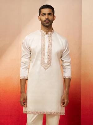 Men off white silk embroidered mid kurta - premium kashmiri stitch wedding wear 4