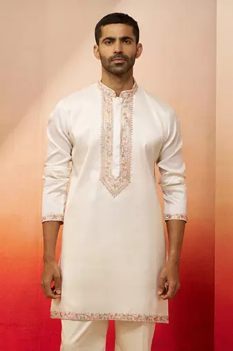 Men off white silk embroidered mid kurta - premium kashmiri stitch wedding wear