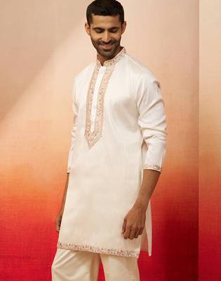 Men off white silk embroidered mid kurta - premium kashmiri stitch wedding wear 5