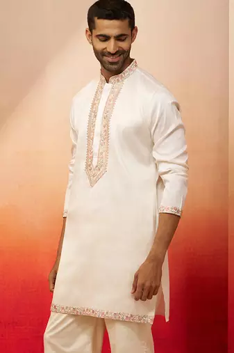 Men off white silk embroidered mid kurta - premium kashmiri stitch wedding wear