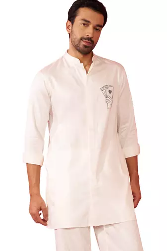 Men's white mid-length kurta - fine satin stone work festive wear