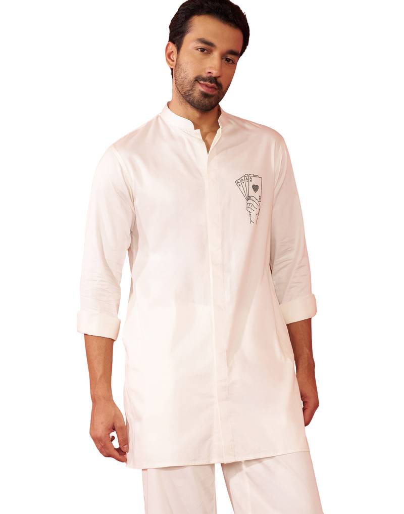Men's white mid-length kurta - fine satin stone work festive wear