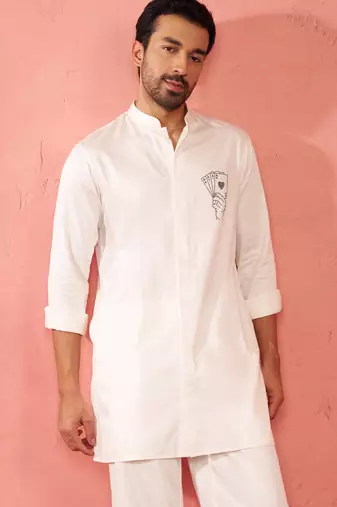 white mid-length kurta - fine satin stone work festive wear
