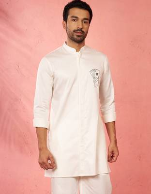 white mid-length kurta - fine satin stone work festive wear 4