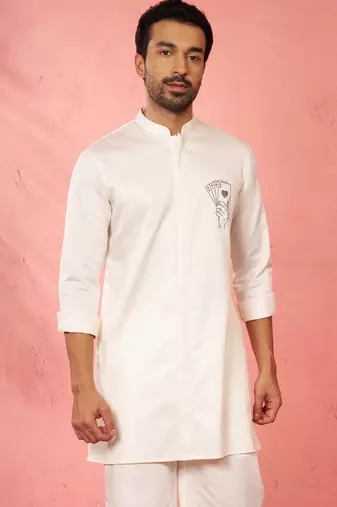 white mid-length kurta - fine satin stone work festive wear