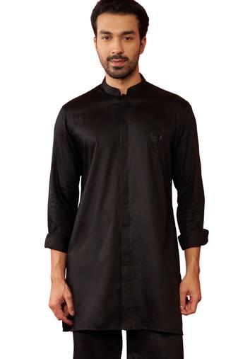 Men's black mid-length kurta - fine satin stone work festive wear