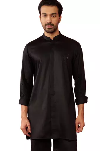 Men's black mid-length kurta - fine satin stone work festive wear