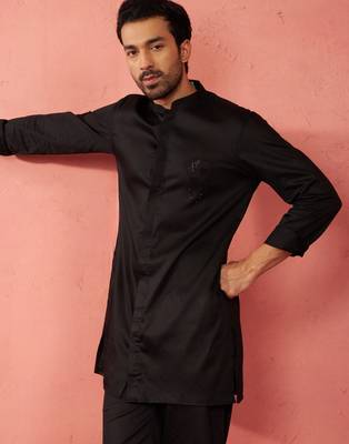 black mid-length kurta - fine satin stone work festive wear 2