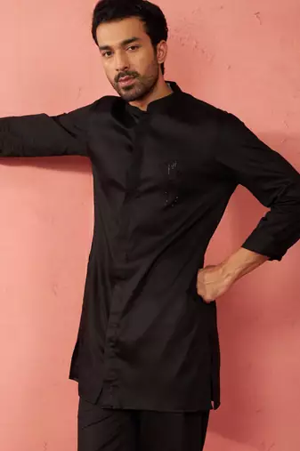 black mid-length kurta - fine satin stone work festive wear