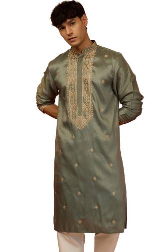 Men's mint green resham embroidered silk kurta - premium festive