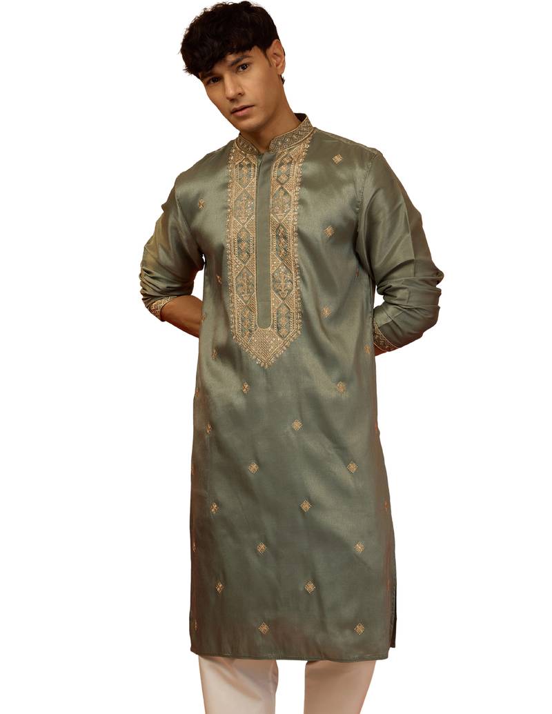 Men's mint green resham embroidered silk kurta - premium festive
