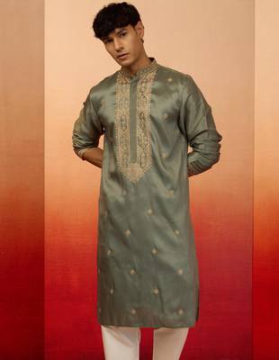 mint green resham embroidered silk kurta - premium festive 2