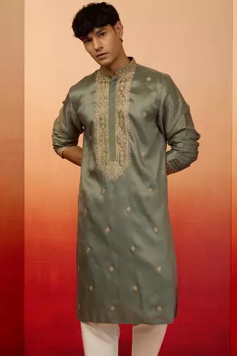 mint green resham embroidered silk kurta - premium festive