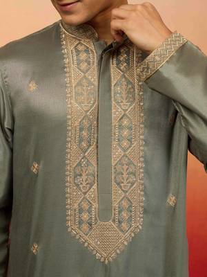 mint green resham embroidered silk kurta - premium festive 3