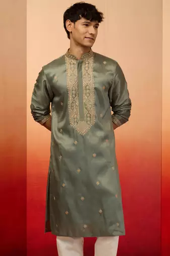mint green resham embroidered silk kurta - premium festive