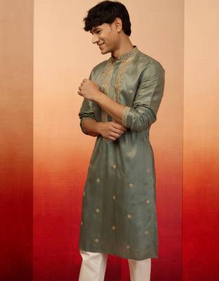 mint green resham embroidered silk kurta - premium festive 5