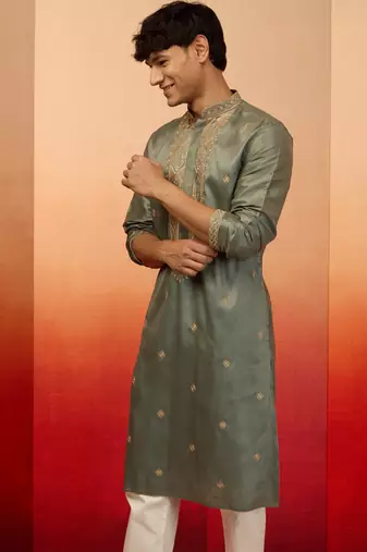 mint green resham embroidered silk kurta - premium festive