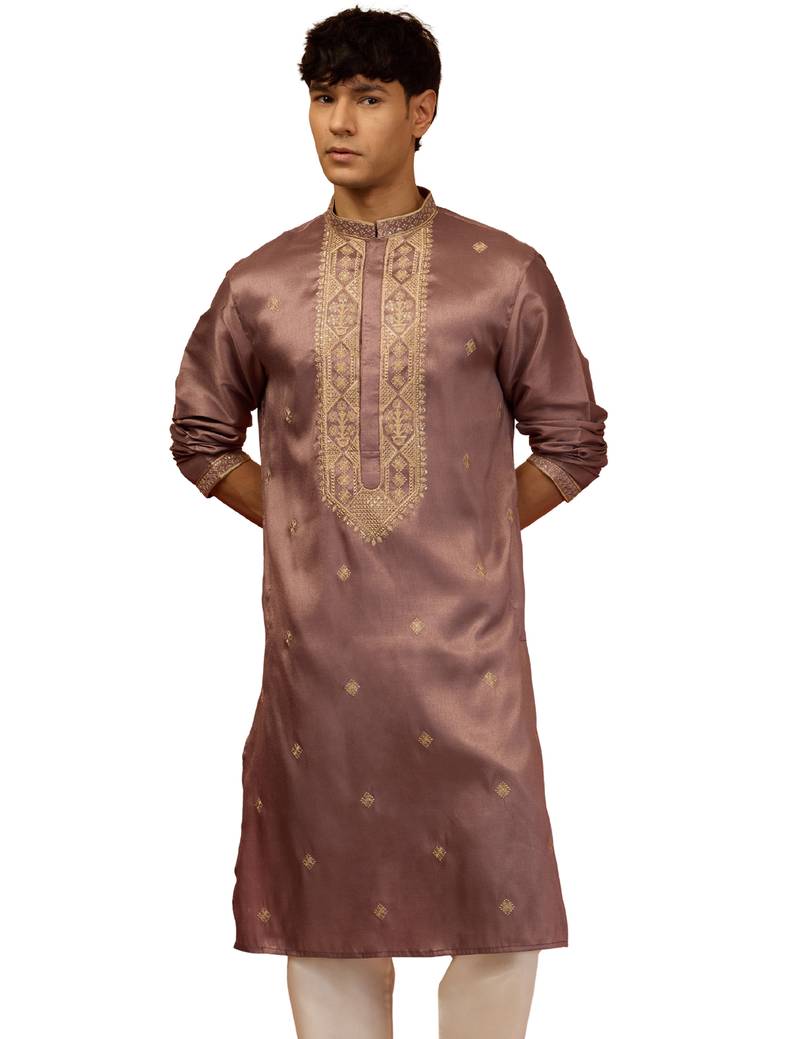 Men's lavender resham embroidered silk kurta - premium festive