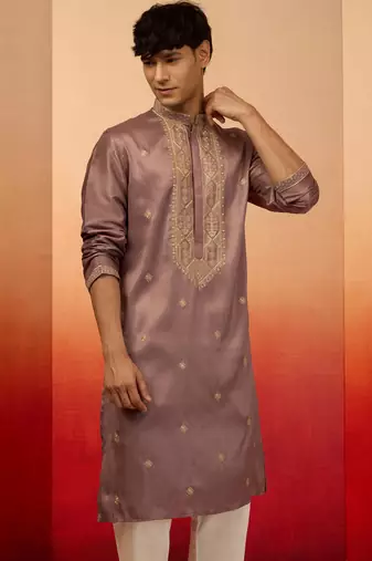 lavender resham embroidered silk kurta - premium festive