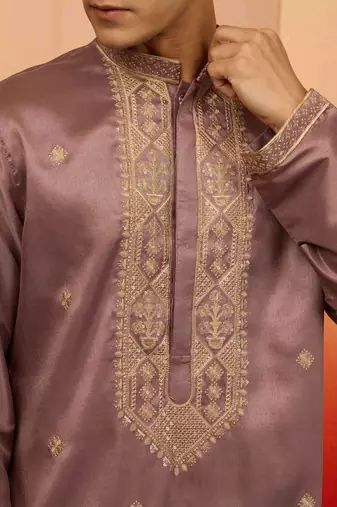 lavender resham embroidered silk kurta - premium festive