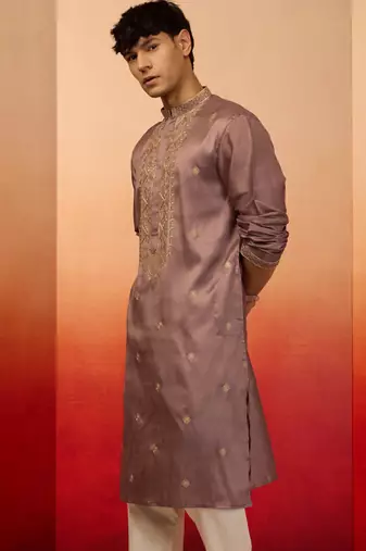 lavender resham embroidered silk kurta - premium festive