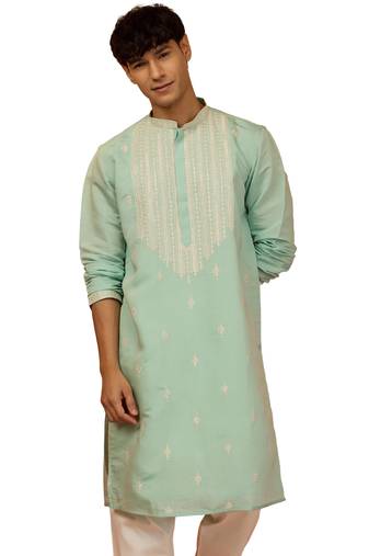 Men's mint green embroidered silk kurta - festive traditional