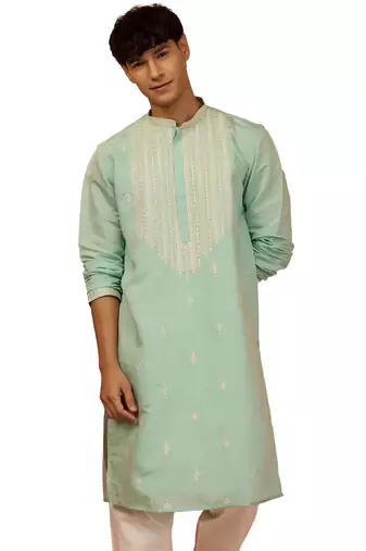 Men's mint green embroidered silk kurta - festive traditional
