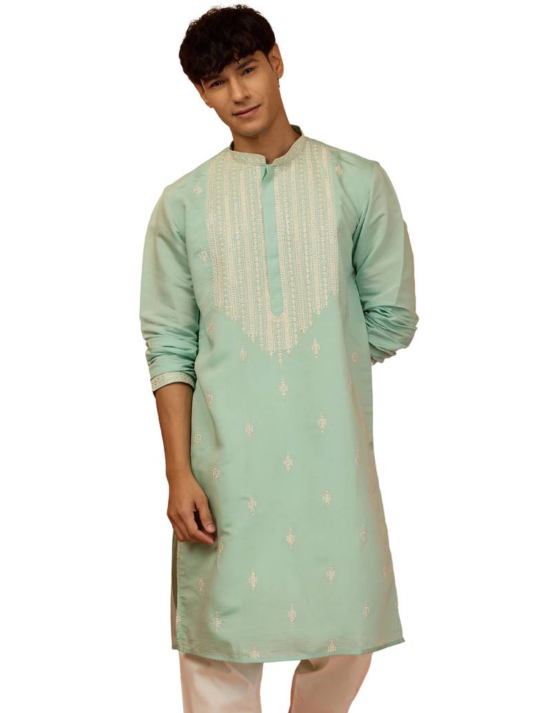 Men's mint green embroidered silk kurta - festive traditional