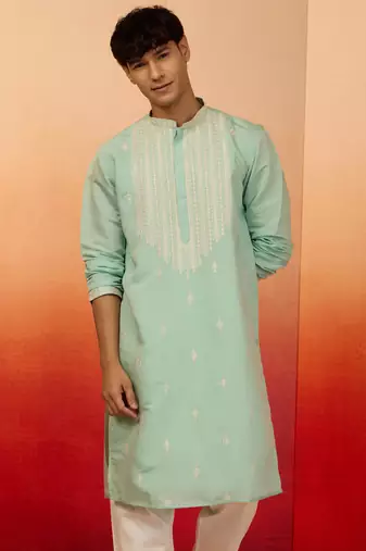 Men's mint green embroidered silk kurta - festive traditional