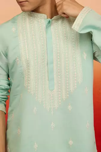 Men's mint green embroidered silk kurta - festive traditional
