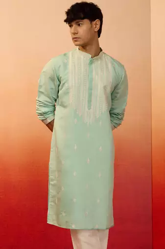 Men's mint green embroidered silk kurta - festive traditional