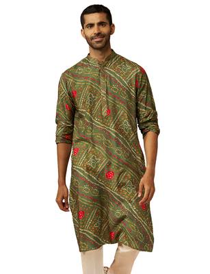 Men green pure muslin bandhani print kurta - traditional digital print festive wear 1